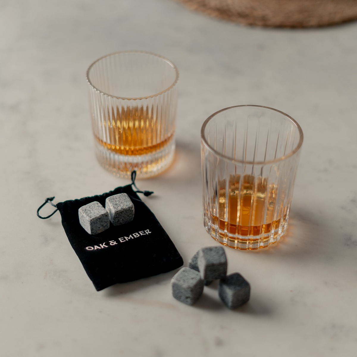 Oak and Ember whisky stones and tumblers